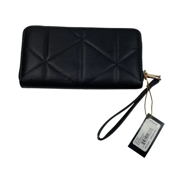 Bebe Black Quilted Wristlet Wallet With Gold Rhinestone Logo Zip Closure & Strap - Picture 2 of 11